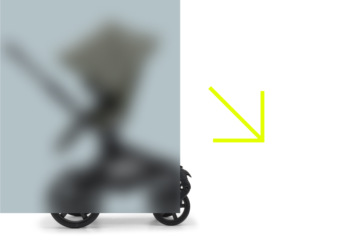 An image with Black Friday in white text over a gray background, with a vibrant yellow arrow pointing down to the text. The text sits on the right, and on the left, there’s a Bugaboo Fox 5 pram, partially hidden behind a frosted screen effect. The wheels of the pram peek under the frosted effect.