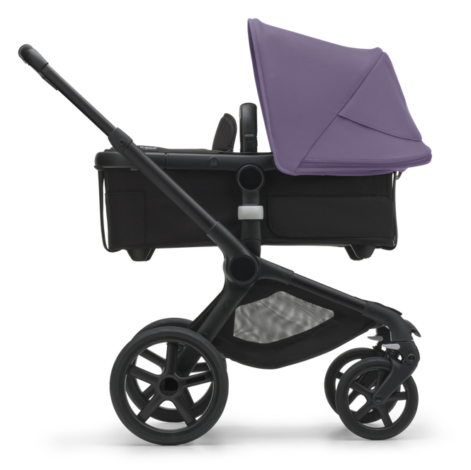 Bugaboo Fox 5 stroller with bassinet and Astro purple sun canopy.