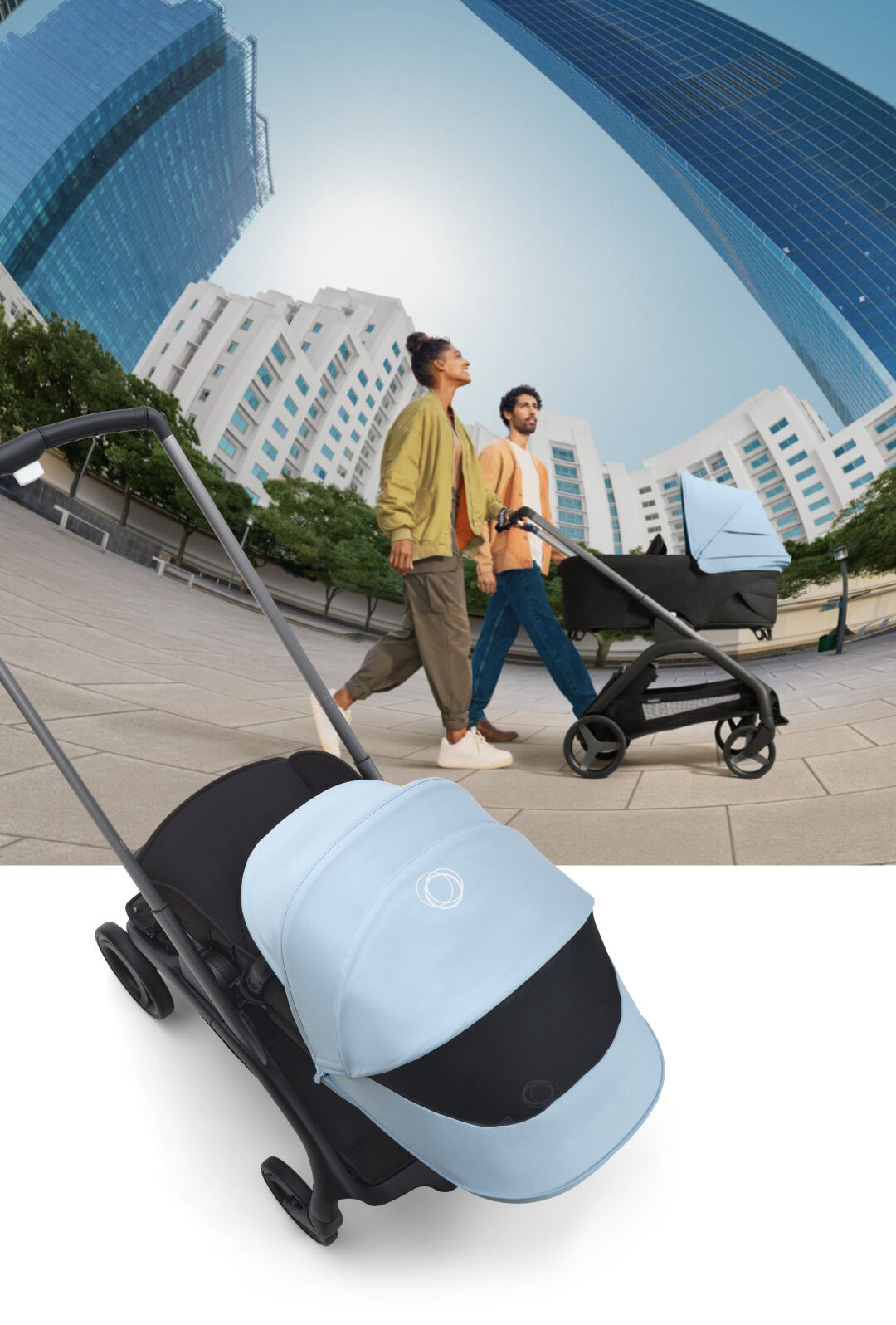 Two overlapping images; one is of parents leisurely strolling through the city with their Bugaboo Dragonfly pushchair, the other is a top-down view of the Bugaboo Dragonfly.