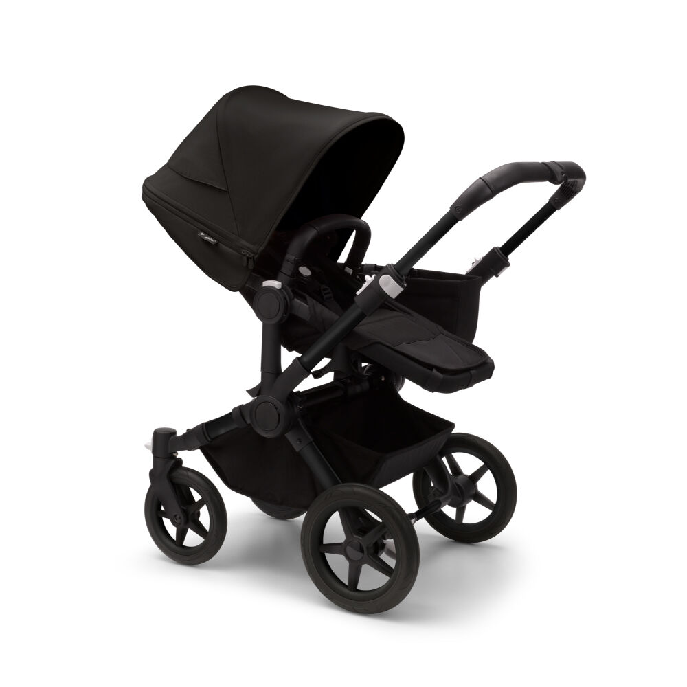 The Bugaboo Donkey 5 with Black fabrics in Mono configuration, featuring a seat and a side luggage basket
