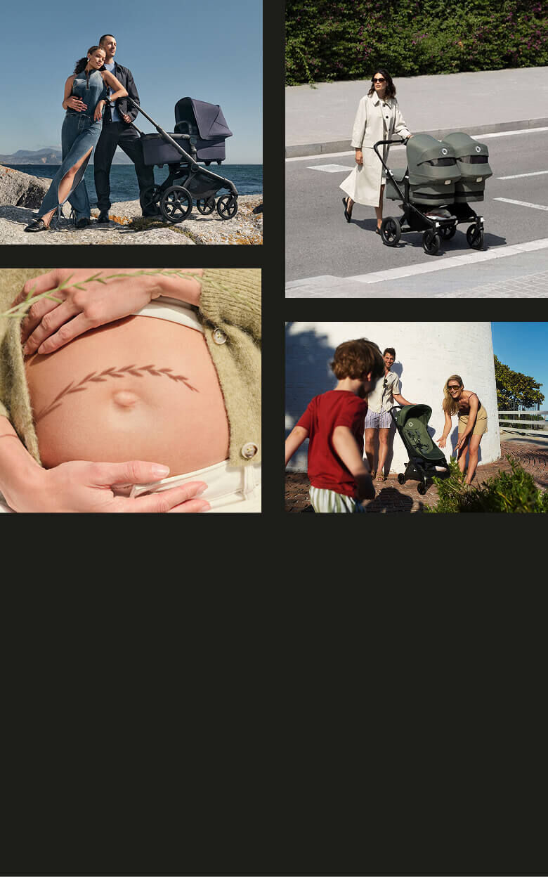 A collage of four photos. Top left: A stylish couple stands next to a Bugaboo Fox 5 Renew stroller on a rocky outcrop by the sea. Top right: A mom crosses the street with a Bugaboo Donkey 5 Twin stroller. Bottom left: A close-up of a mom's pregnant belly, with an oat branch casting a shadow over her. Bottom right: A boy runs to his parents in the Mediterranean countryside, as they stand beside a Bugaboo Butterfly 2 travel stroller.