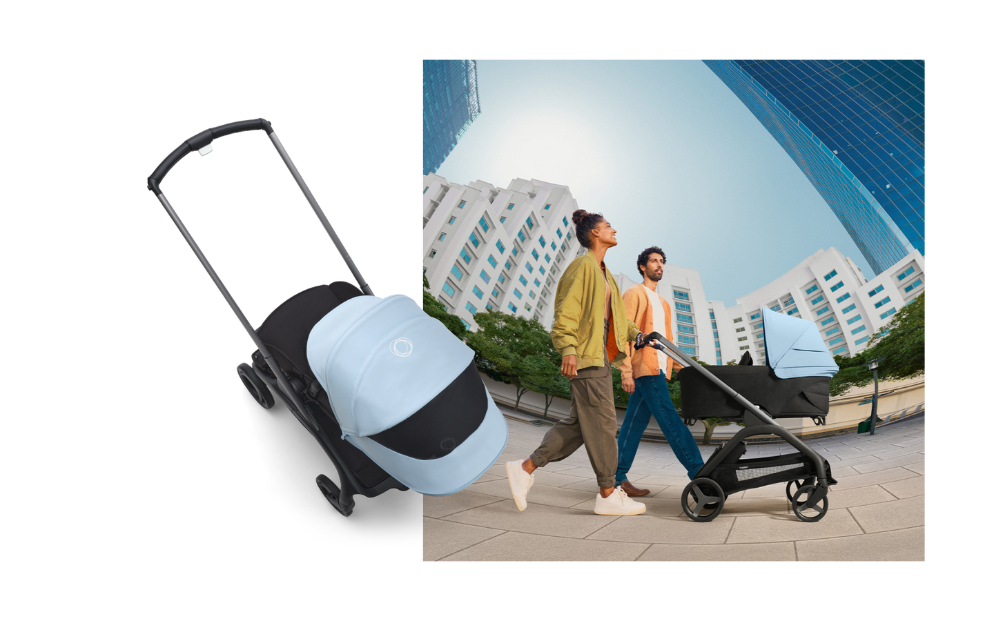 Two overlapping images; one is of parents leisurely strolling through the city with their Bugaboo Dragonfly pram, the other is a top-down view of the Bugaboo Dragonfly.