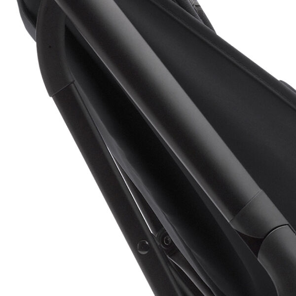 Close up on a folded Bugaboo stroller, with focus on the sleek chassis and black fabrics.