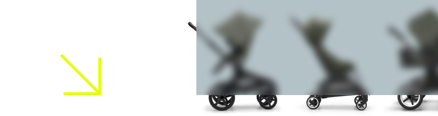 Een afbeelding met Black Friday in witte letters op een grijze achtergrond, met een felgele pijl ernaast in de linkerbovenhoek. De afbeelding toont drie Bugaboo kinderwagens achter een mat schermeffect. De wielen van elke kinderwagen steken net onder het matte effect uit. 