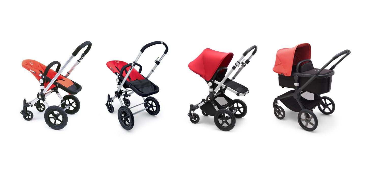 The evolution of the Bugaboo pram from 1999. From left to right: Bugaboo Frog, Bugaboo Cameleon, Bugaboo Cameleon 3 Plus, Bugaboo Fox 5.