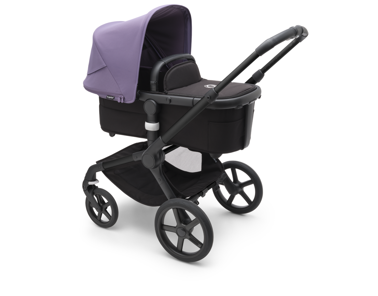 A Bugaboo Fox 5 all-terrain newborn pushchair with Astro Purple sun canopy.
