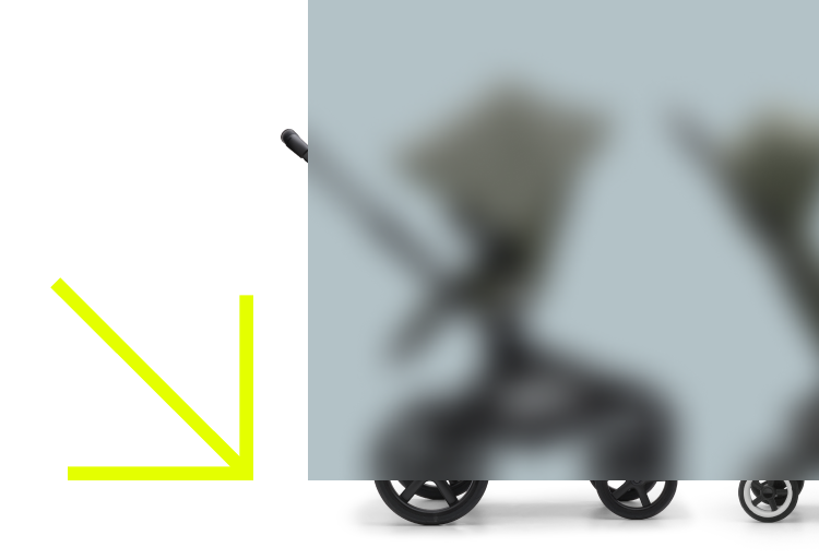 A vibrant yellow arrow over a gray background. On the right of the arrow, there’s a Bugaboo Fox 5 stroller and a Bugaboo Butterfly travel stroller, partially hidden behind a frosted screen effect. The wheels of the strollers peek under the frosted effect.