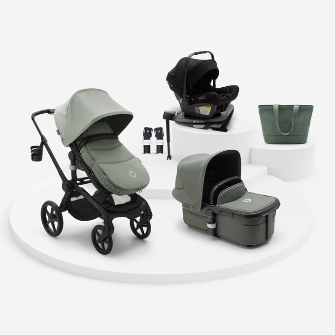 Bugaboo Fox Bundle with footmuff and rain cover, backpack, 360 base with the Bugaboo Turtle and the adpaters
