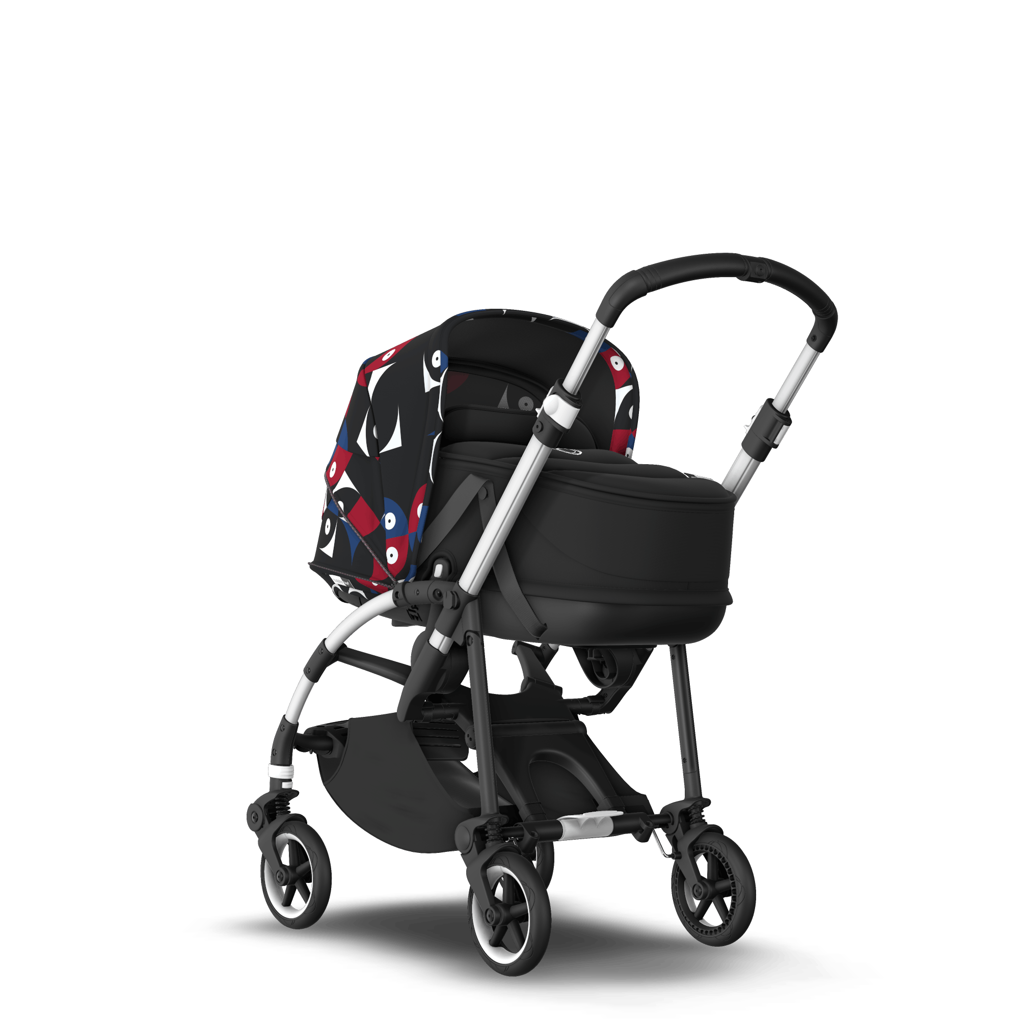 Bugaboo Bee 6 bassinet and seat stroller aluminium base black fabrics animal explorer red/blue sun canopy