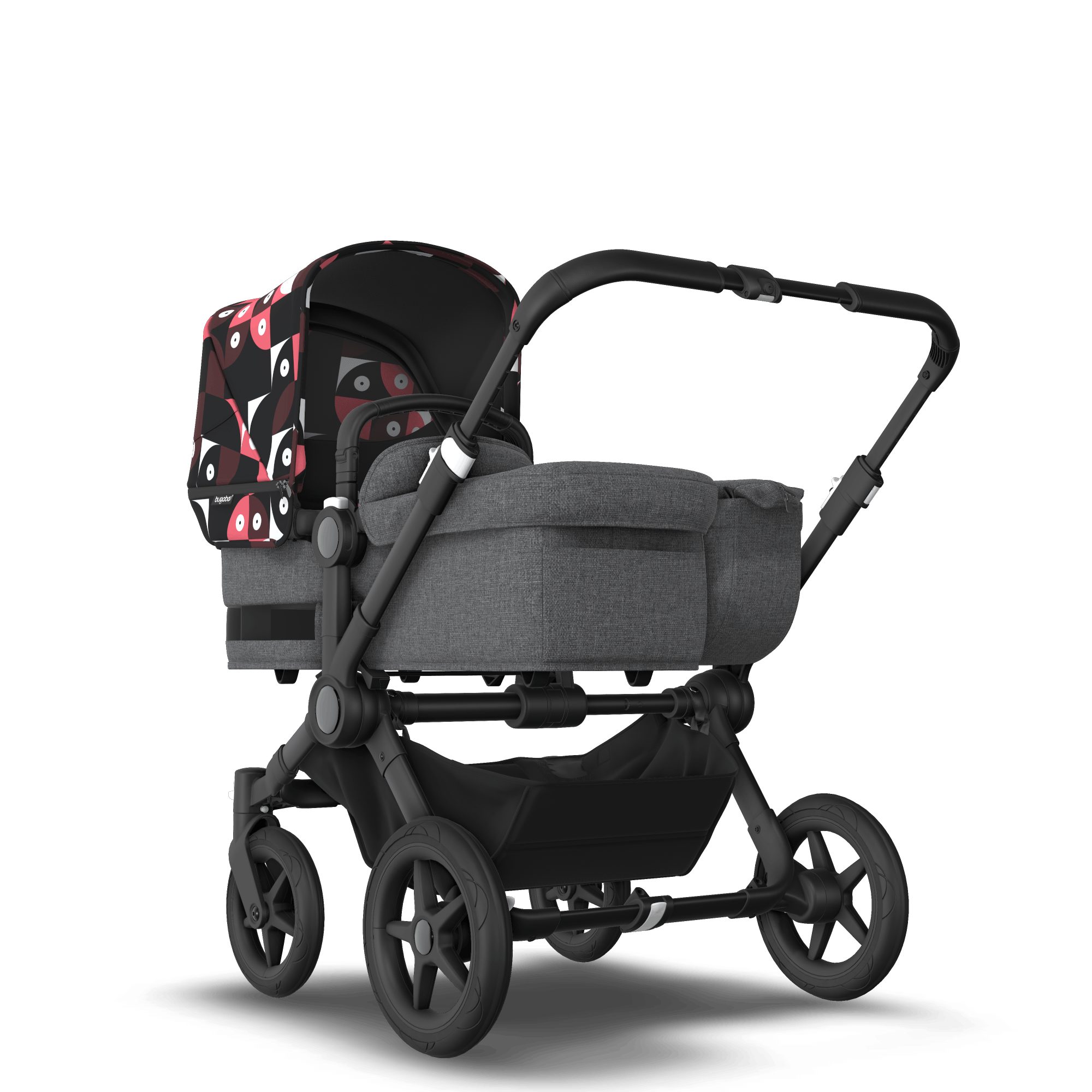 Bugaboo Donkey 5 Mono bassinet and seat stroller black base grey mélange fabrics animal explorer pink/ red sun canopy