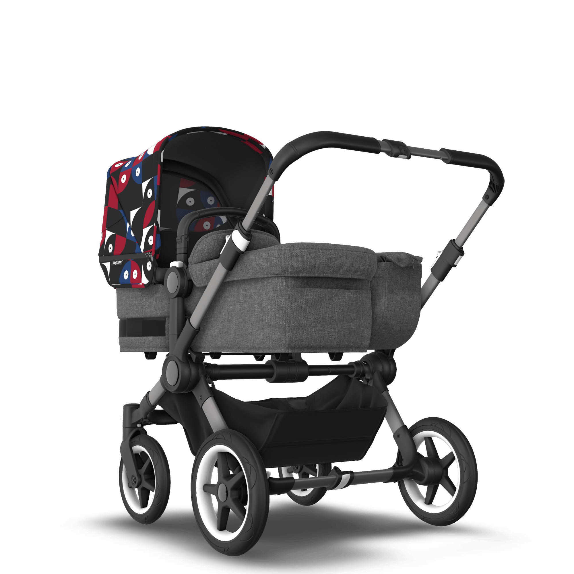 Bugaboo Donkey 5 Mono bassinet and seat stroller graphite base grey mélange fabrics animal explorer red/ blue sun canopy