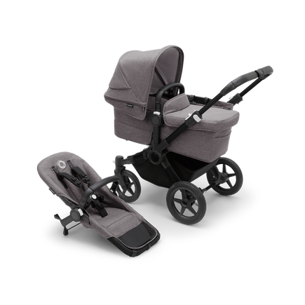 Bugaboo Donkey 5 Mono bassinet stroller with black chassis, grey melange fabrics and grey melange sun canopy, plus seat. - view 1