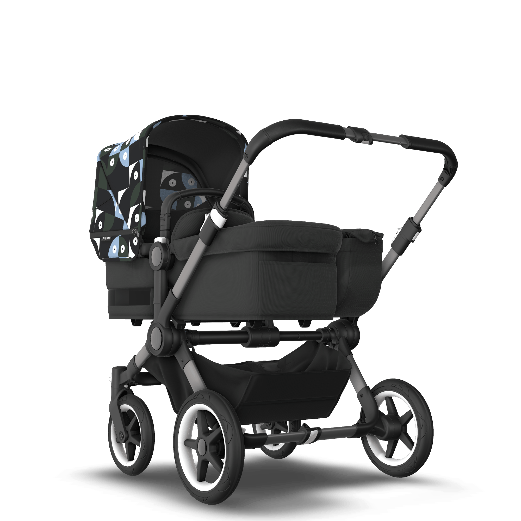Bugaboo Donkey 5 Mono bassinet and seat stroller graphite base midnight black fabrics animal explorer green/ light blue sun canopy