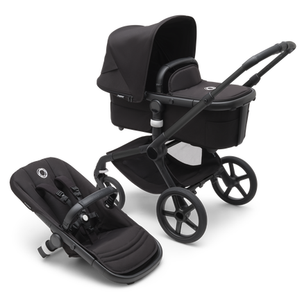 Bugaboo Fox 5 bassinet and seat stroller with black chassis, midnight black fabrics and midnight black sun canopy. - view 1