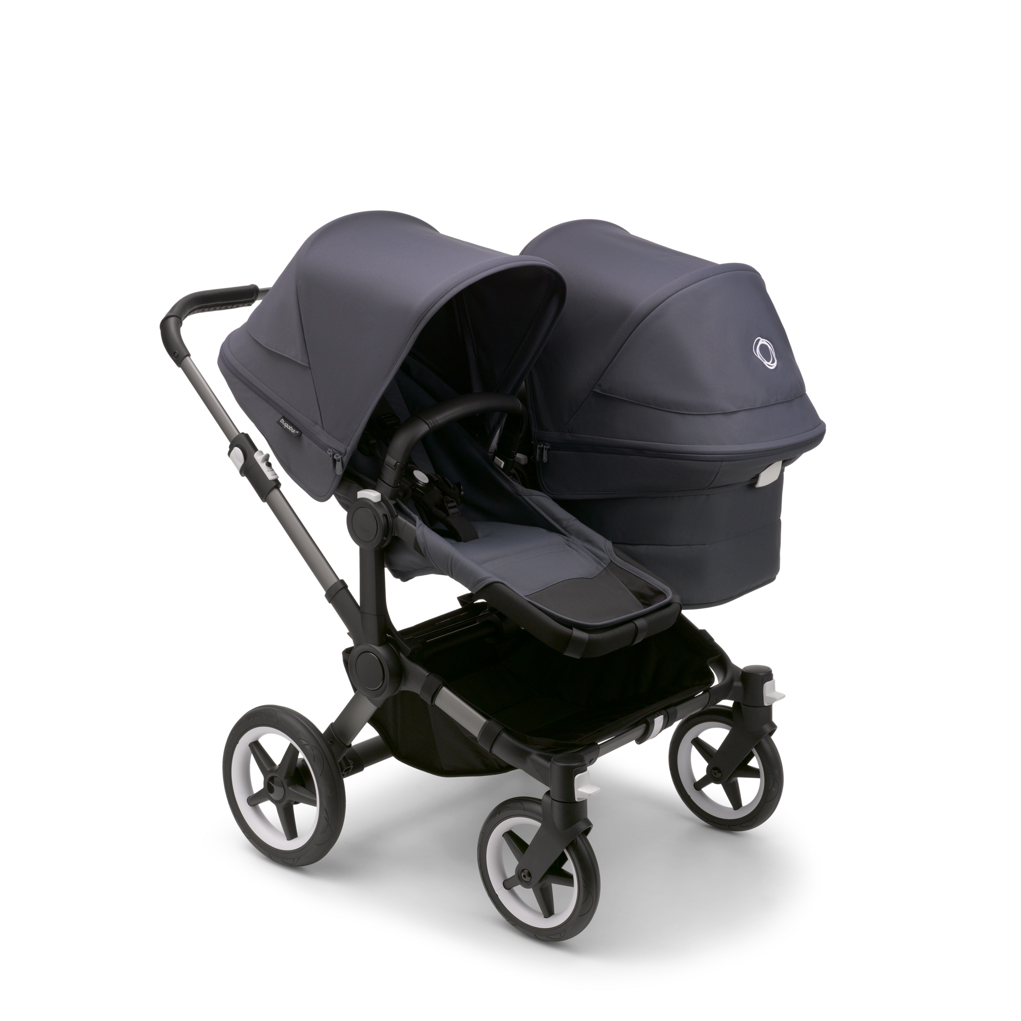 Bugaboo Donkey 5 Duo bassinet and seat stroller graphite base stormy blue fabrics stormy blue sun canopy