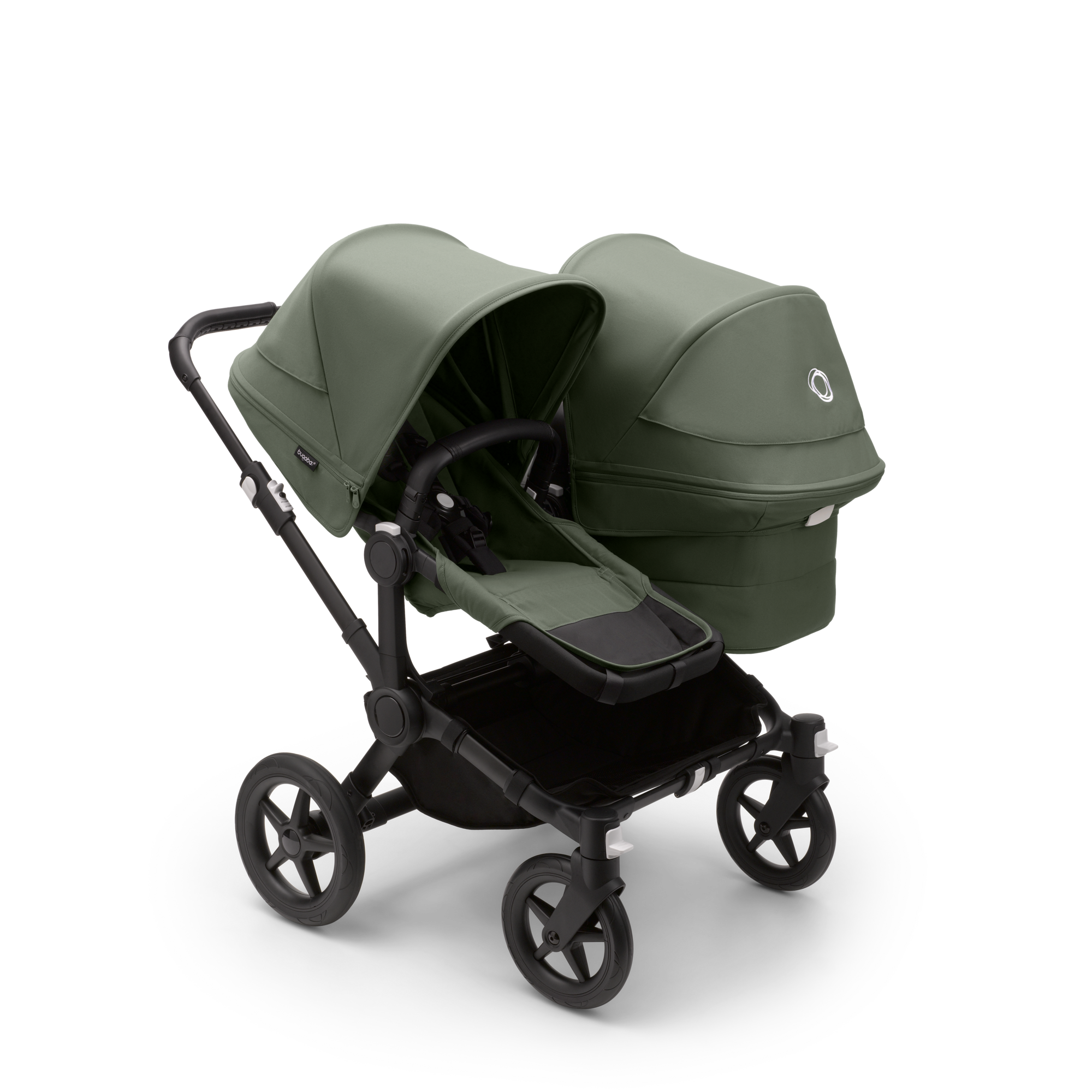 Bugaboo Donkey 5 Duo bassinet and seat stroller black base forest green fabrics forest green sun canopy