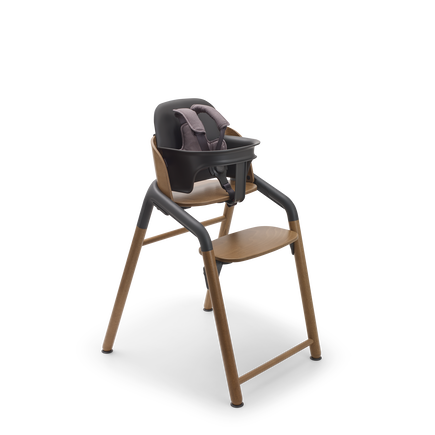 Bugaboo Giraffe chair in warm wood/grey, with baby set and harness in grey. - view 2