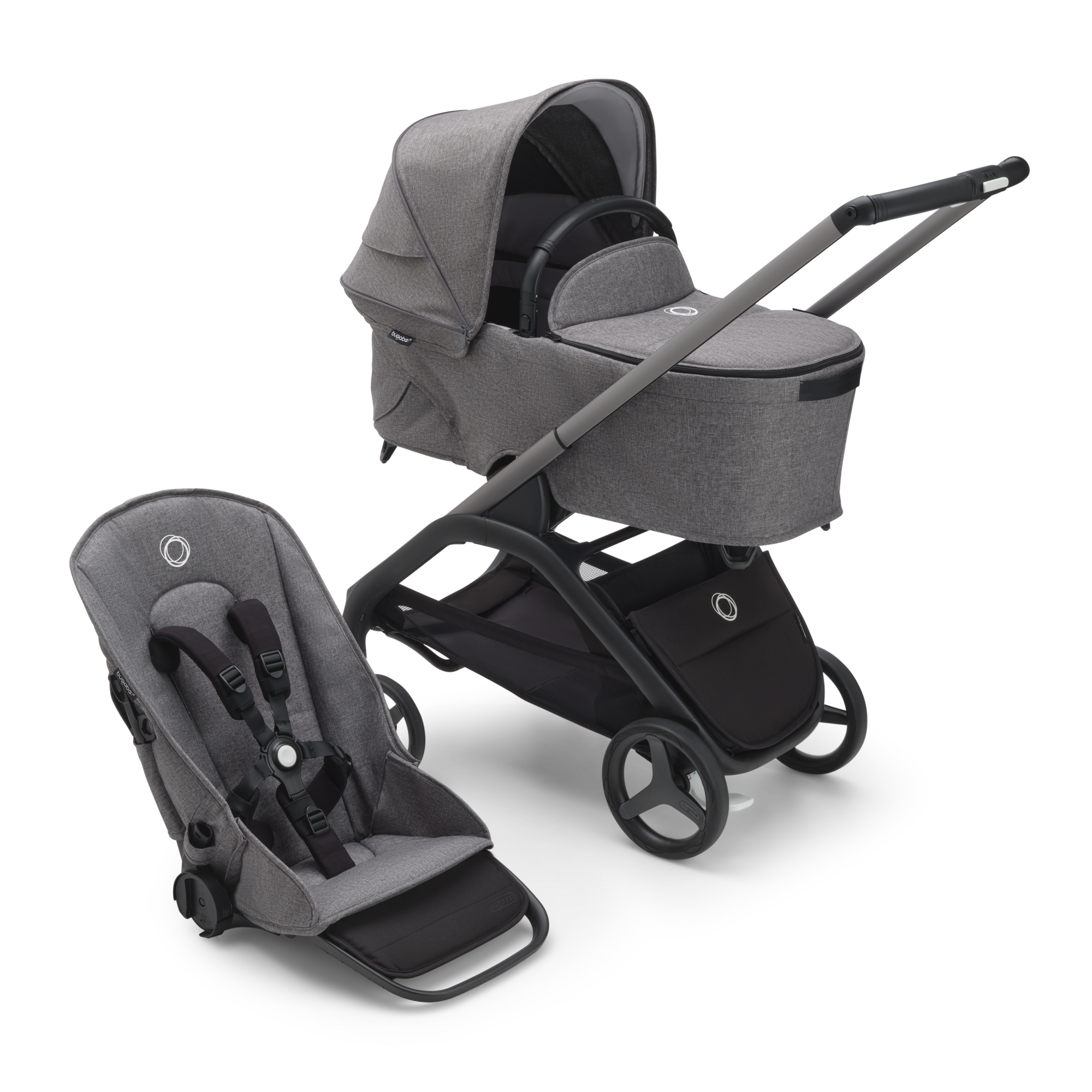 Bugaboo Dragonfly bassinet and seat stroller graphite base grey melange fabrics grey melange sun canopy