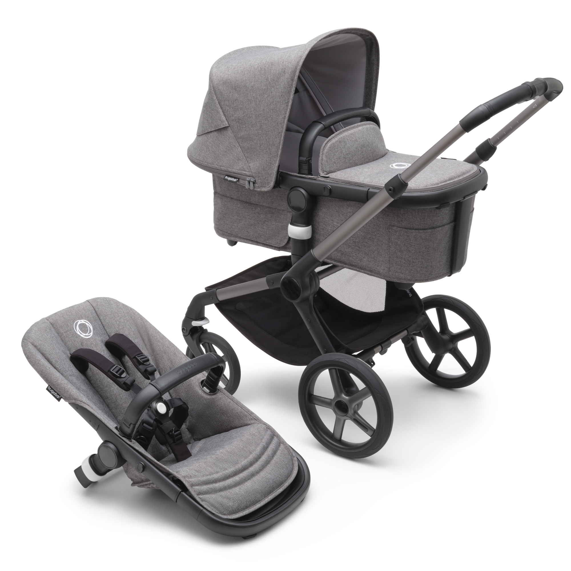 Bugaboo Fox 5 bassinet and seat stroller graphite base grey melange fabrics grey melange sun canopy