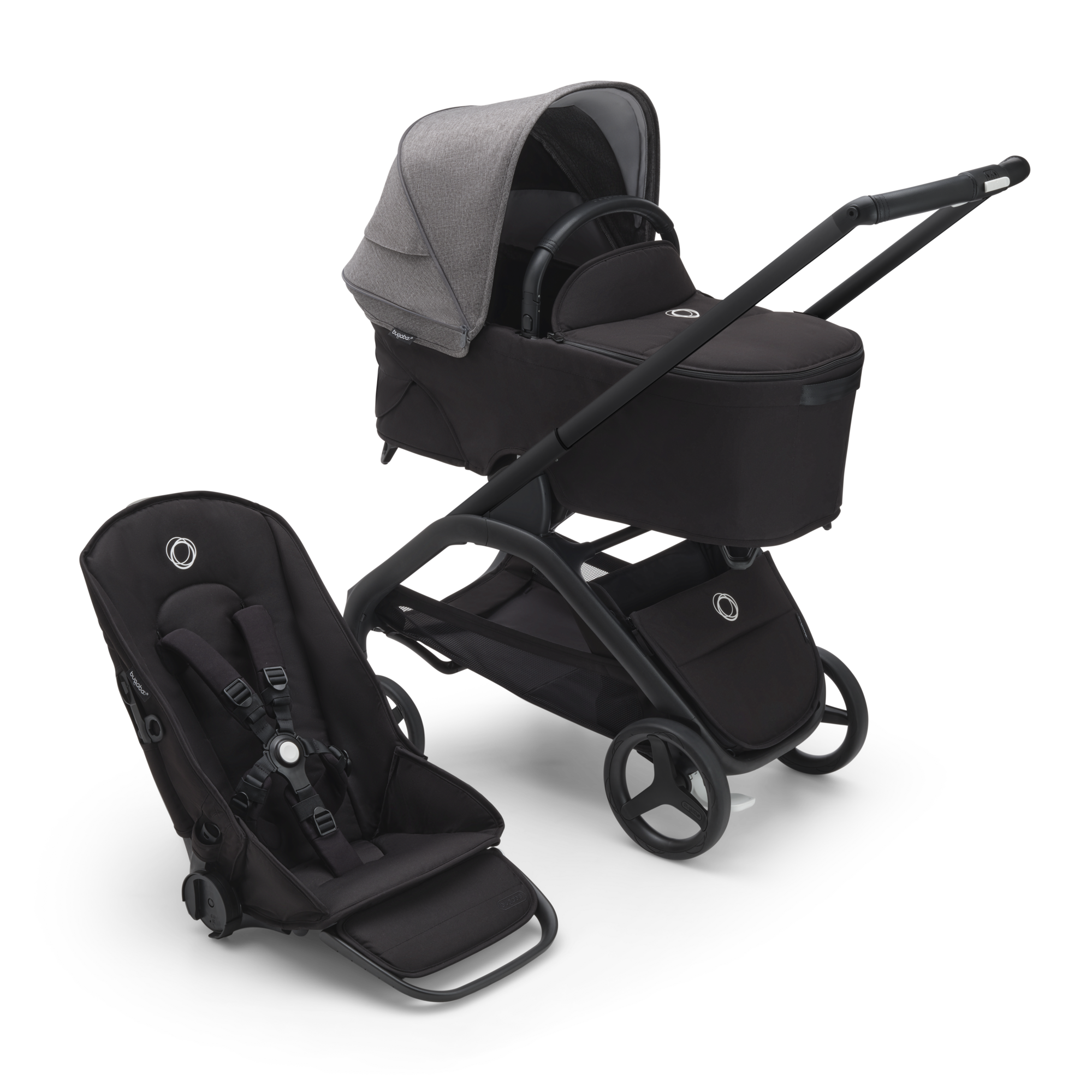 Bugaboo Dragonfly bassinet and seat stroller black base midnight black fabrics grey melange sun canopy