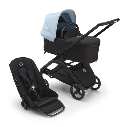 Bugaboo Dragonfly bassinet and seat stroller black base, midnight black fabrics, skyline blue sun canopy - view 1