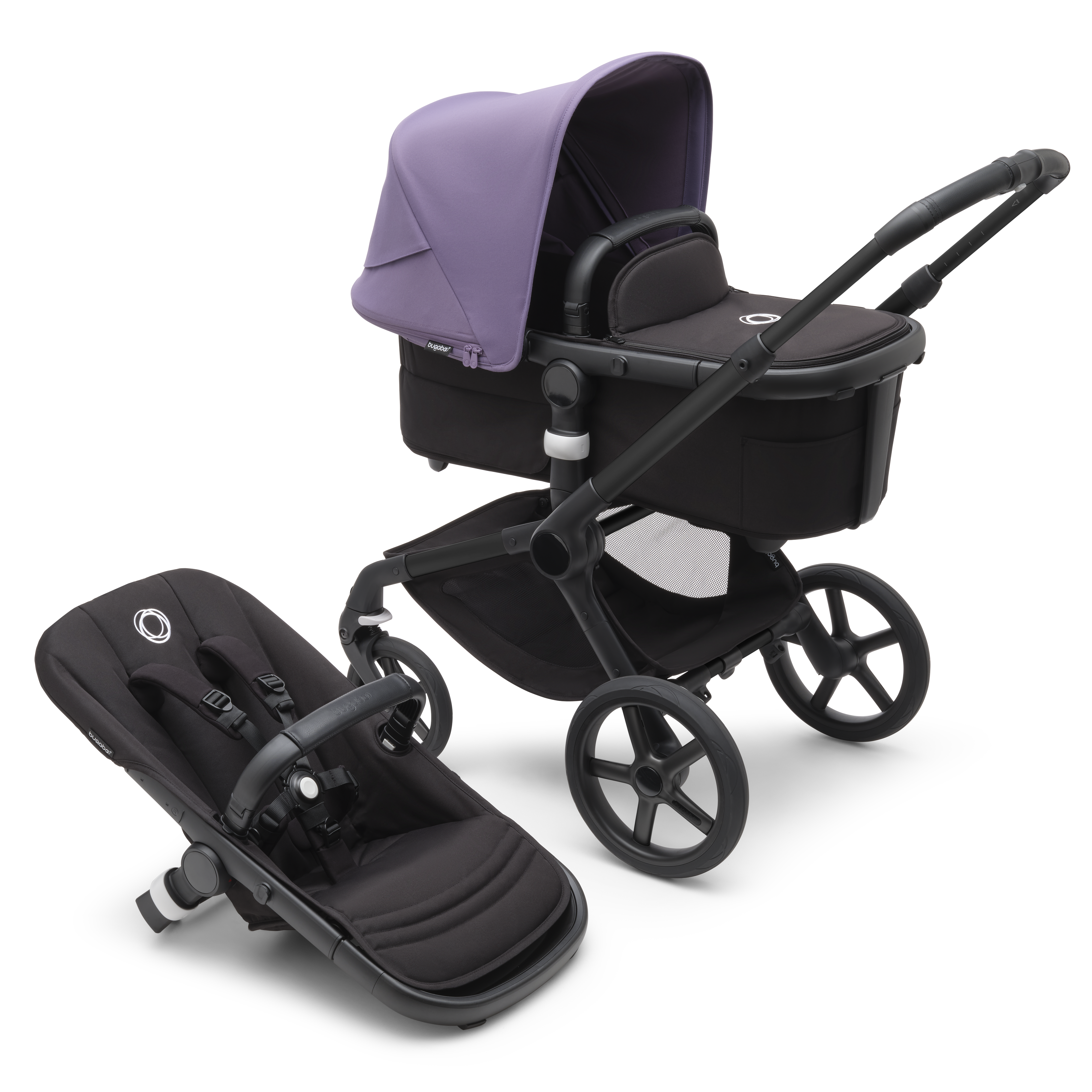 Bugaboo Fox 5 bassinet and seat stroller black base midnight black fabrics astro purple sun canopy