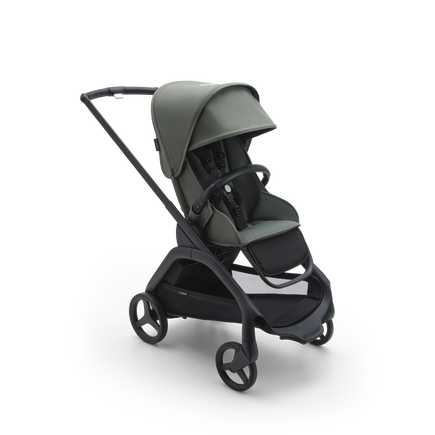 Bugaboo Dragonfly seat stroller with black chassis, forest green fabrics and forest green sun canopy.