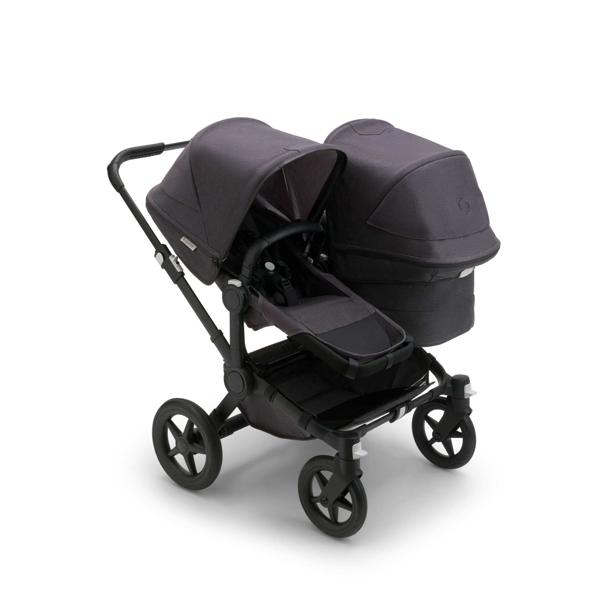 Bugaboo Donkey 5 Duo bassinet and seat stroller black base mineral washed black fabrics mineral washed black sun canopy