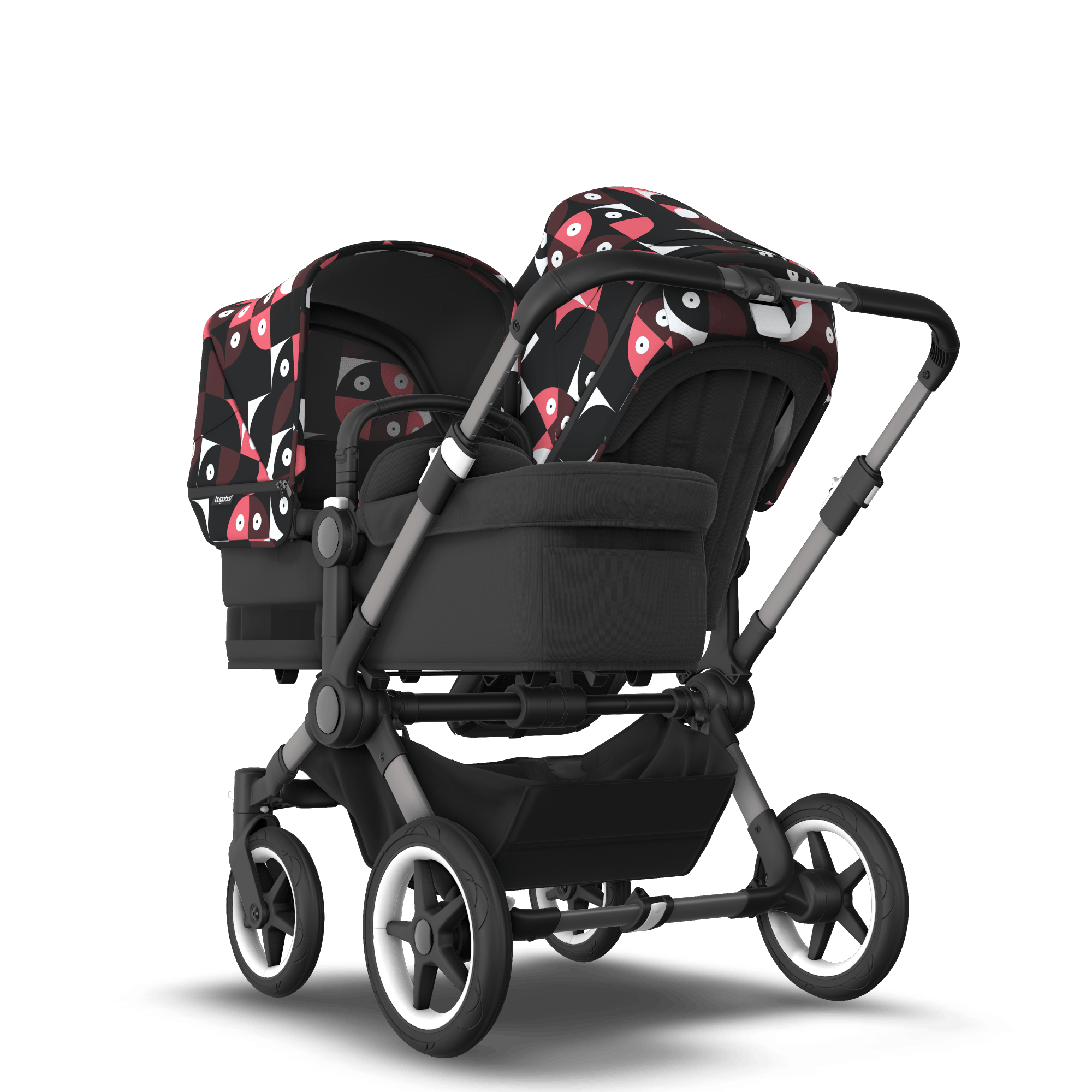 Bugaboo Donkey 5 Duo bassinet and seat stroller graphite base midnight black fabrics animal explorer pink/ red sun canopy
