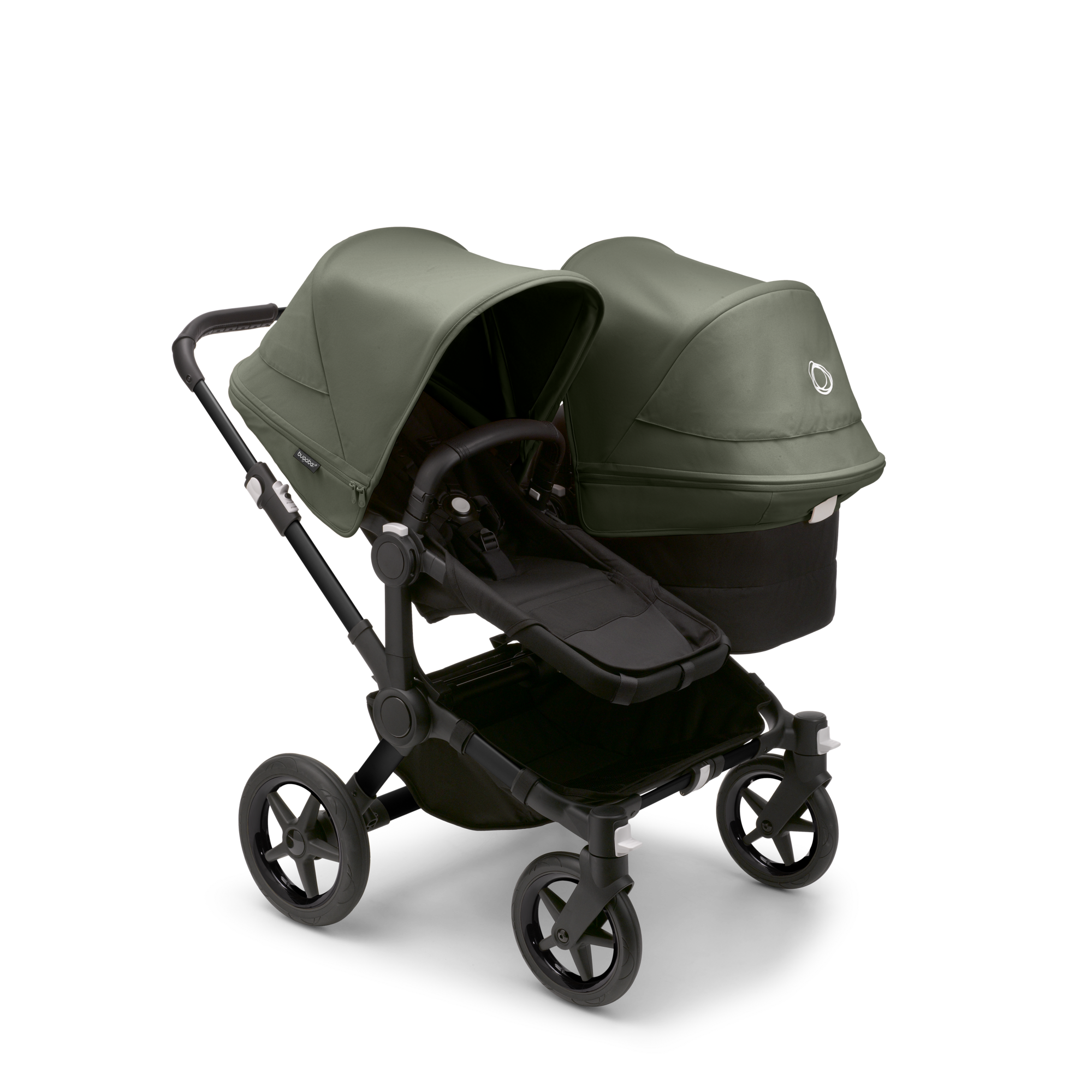 Bugaboo Donkey 5 Duo bassinet and seat stroller black base midnight black fabrics forest green sun canopy