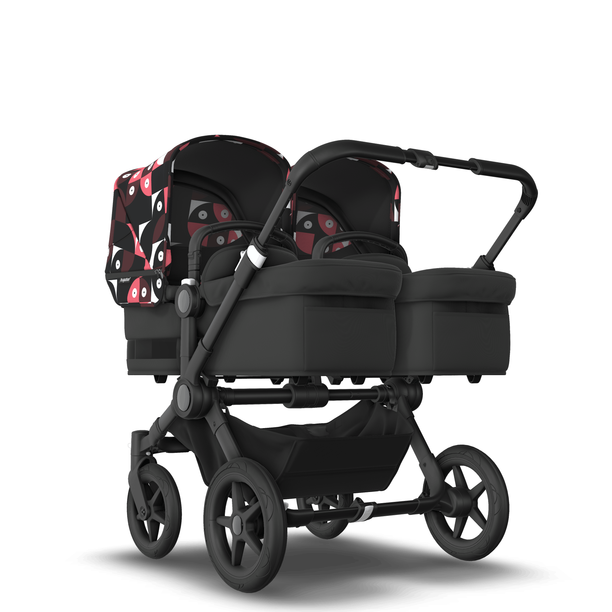 Bugaboo Donkey 5 Twin bassinet and seat stroller black base midnight black fabrics animal explorer pink/red sun canopy