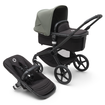 Bugaboo Fox 5 carrycot and seat pushchair with black chassis, midnight black fabrics and forest green sun canopy.