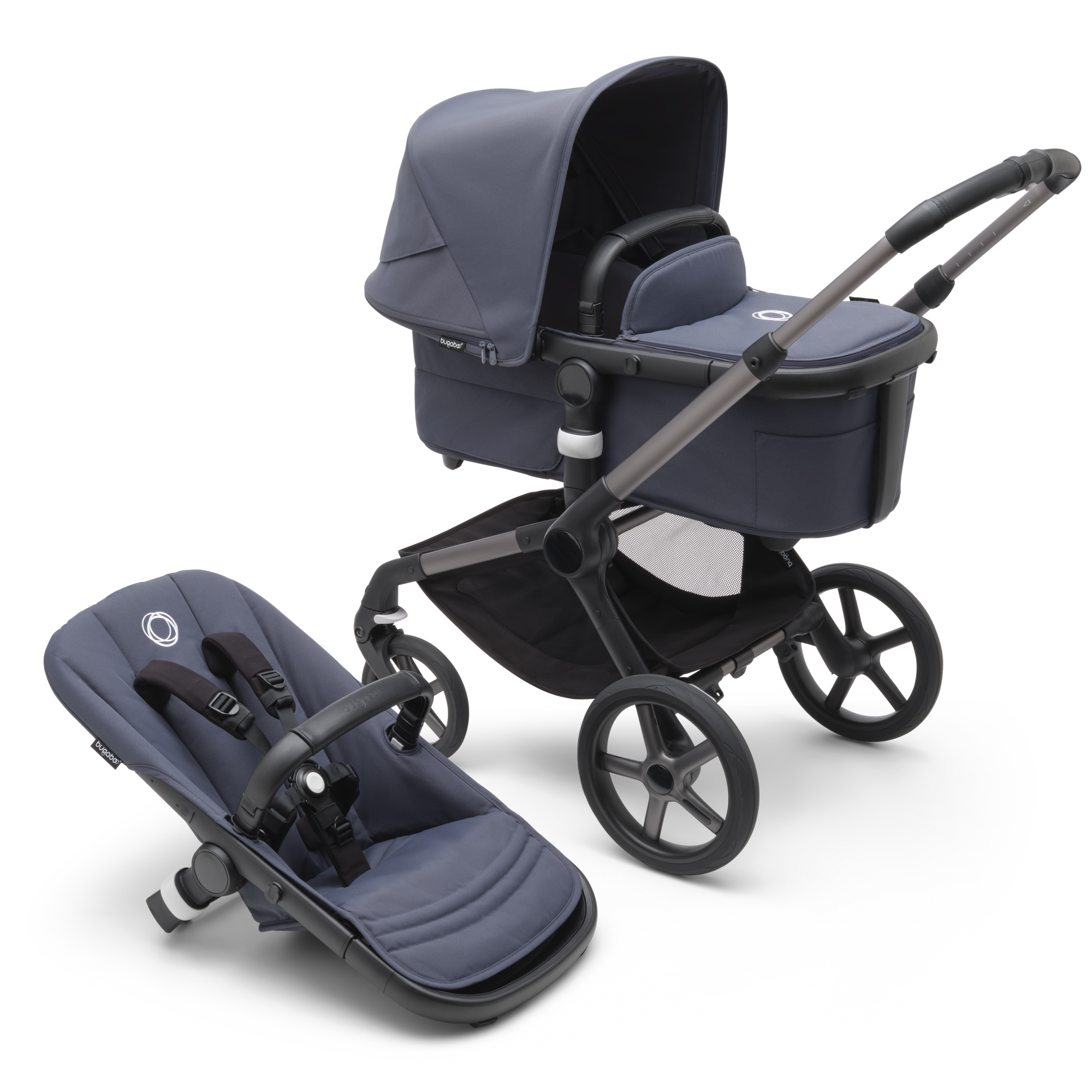 Bugaboo  Bugaboo Fox 5 bassinet and seat stroller graphite base stormy blue fabrics stormy blue sun canopy