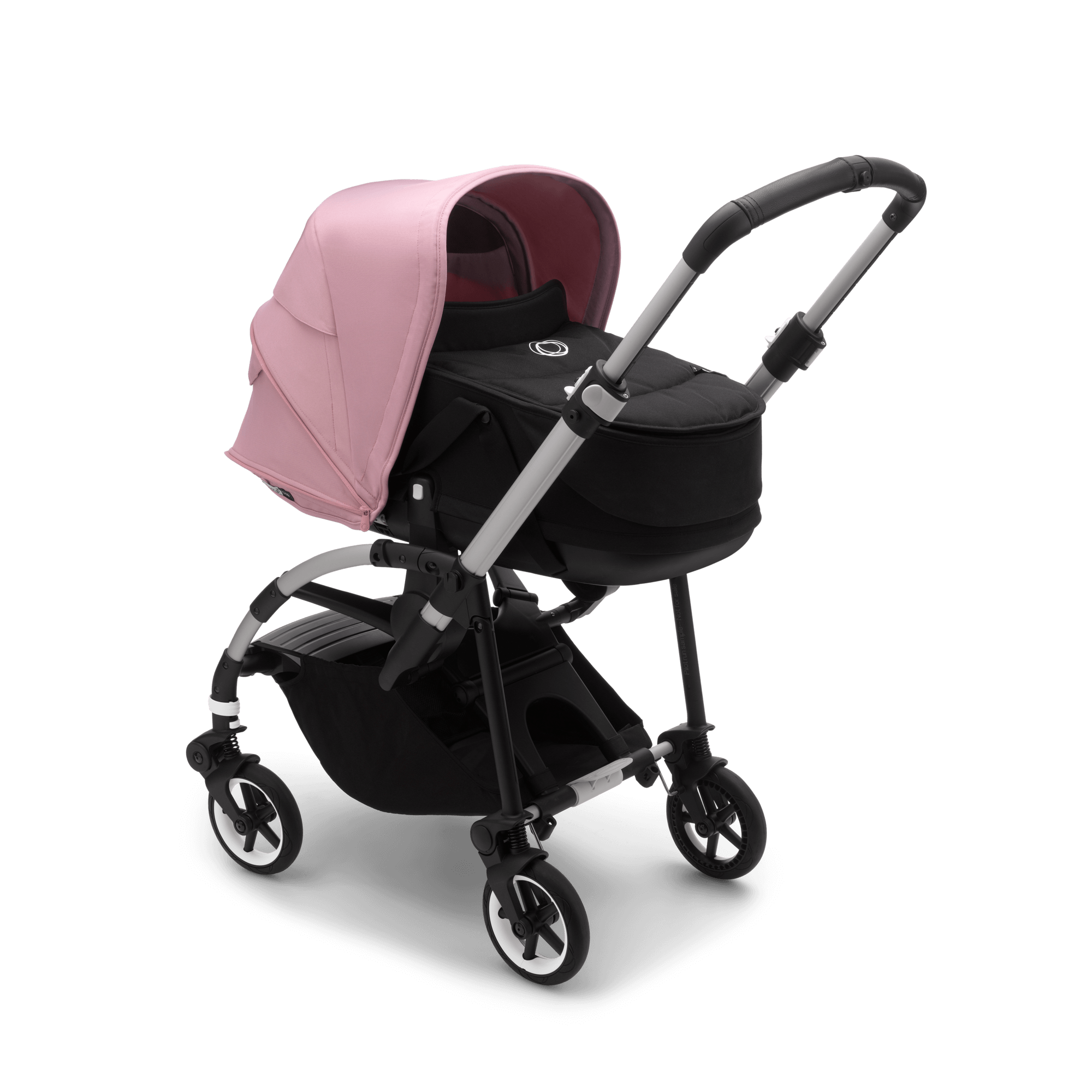 Bugaboo Bee 6 bassinet and seat stroller soft pink sun canopy black fabrics aluminium base