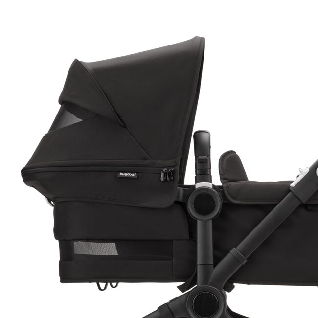 Bugaboo Bee 6 bassinet and seat stroller black sun canopy, black fabrics,  aluminium base