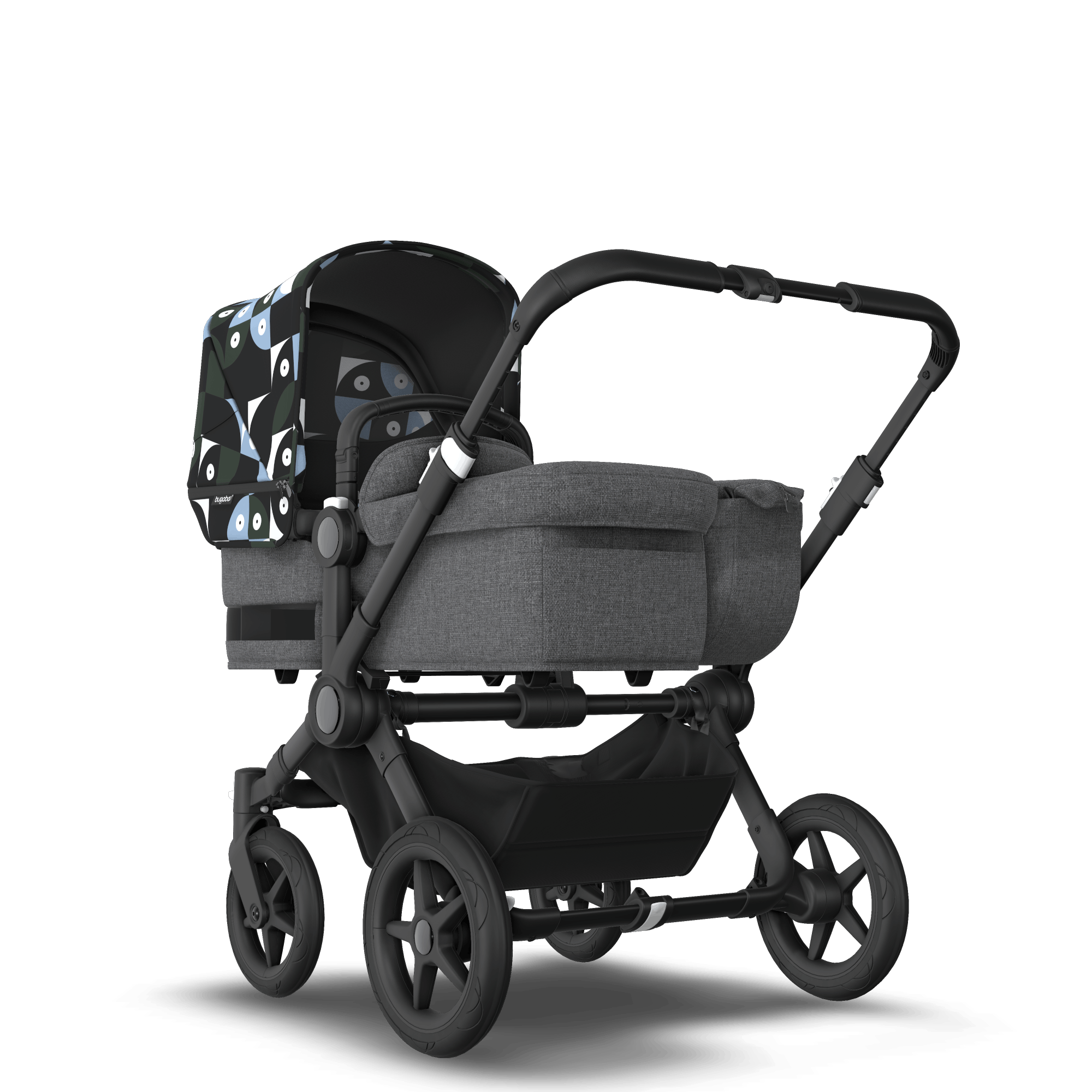 Bugaboo Donkey 5 Mono bassinet and seat stroller black base grey mélange fabrics animal explorer green/ light blue sun canopy