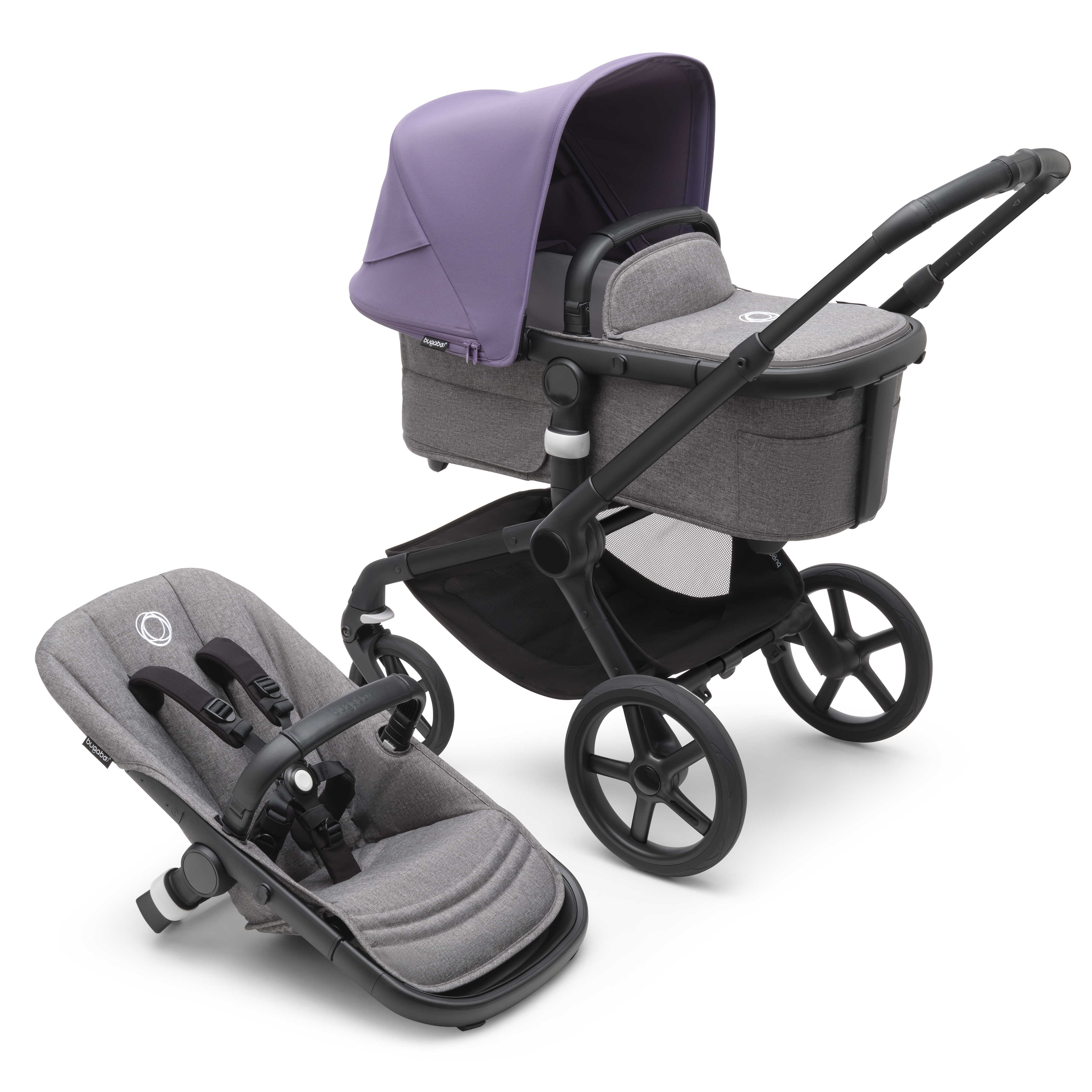 Bugaboo Fox 5 bassinet and seat stroller black base grey melange fabrics astro purple sun canopy