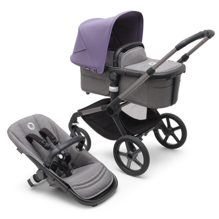 Bugaboo Fox 5 bassinet and seat stroller graphite base, grey melange fabrics, astro purple sun canopy