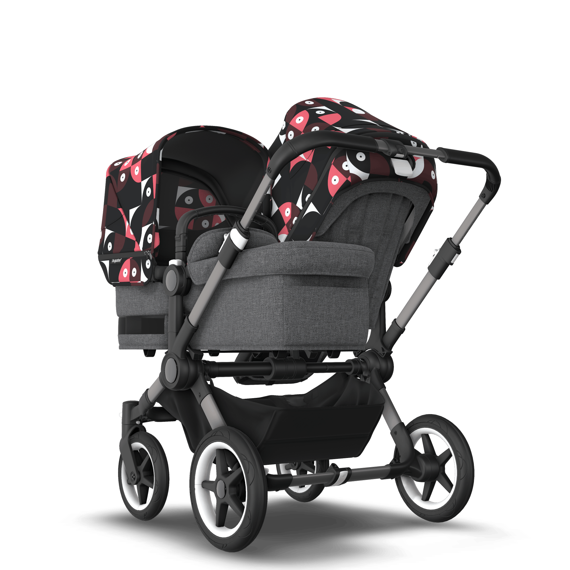 Bugaboo Donkey 5 Duo bassinet and seat stroller graphite base grey mélange fabrics animal explorer pink/ red sun canopy