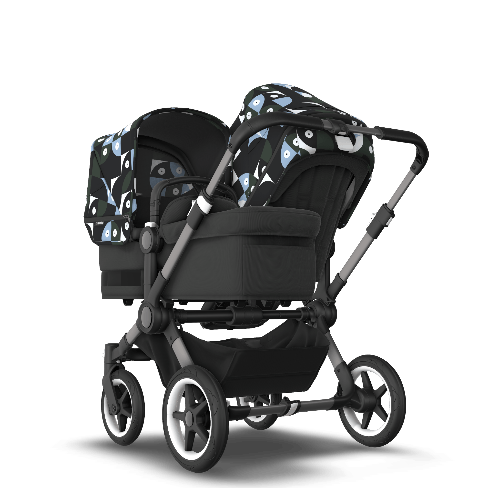 Bugaboo Donkey 5 Duo bassinet and seat stroller graphite base midnight black fabrics animal explorer green/ light blue sun canopy