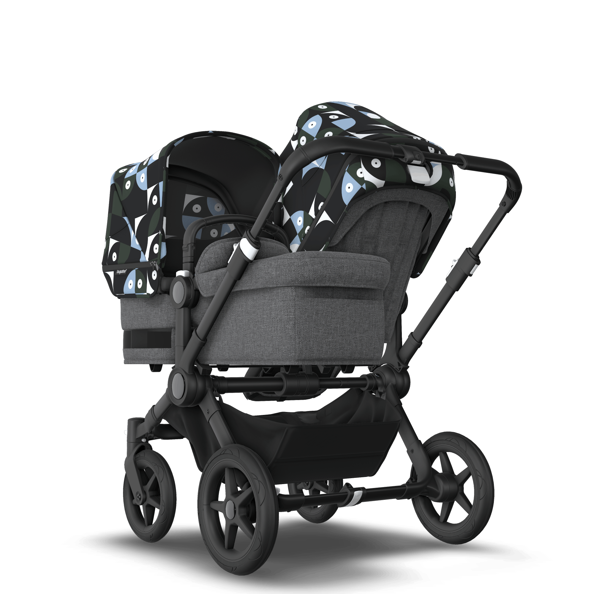 Bugaboo Donkey 5 Duo bassinet and seat stroller black base grey mélange fabrics animal explorer green/ light blue sun canopy