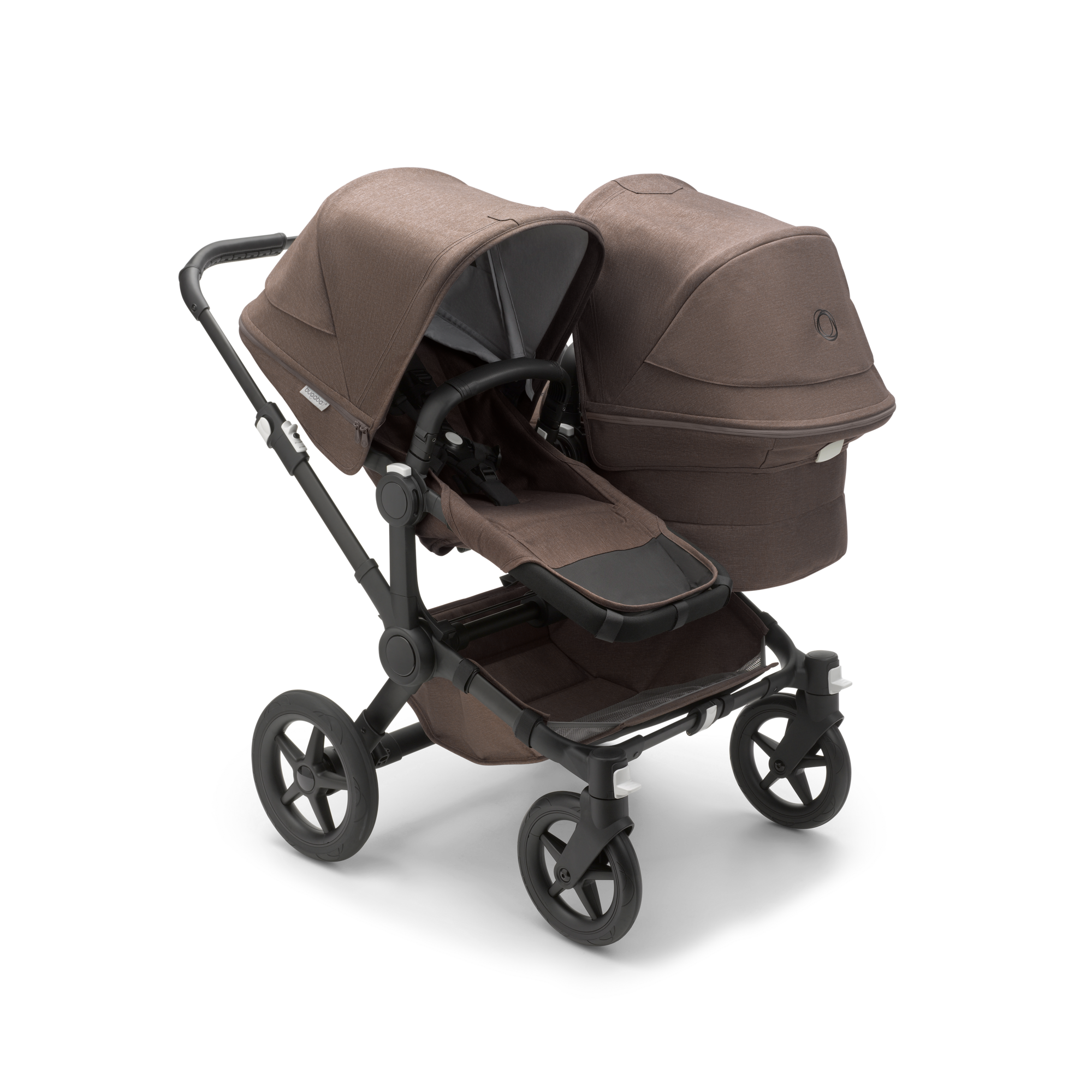 Bugaboo Donkey 5 Duo bassinet and seat stroller black base mineral taupe fabrics mineral taupe sun canopy