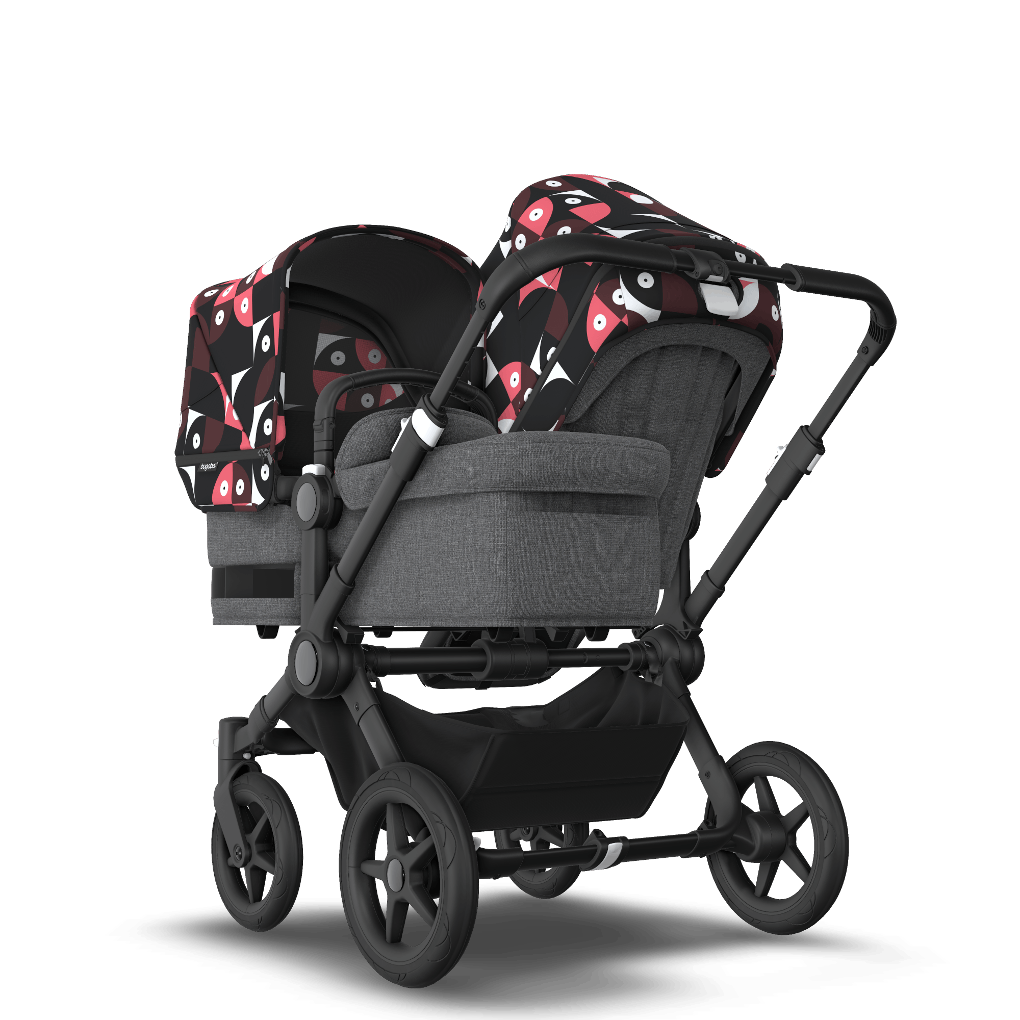 Bugaboo Donkey 5 Duo bassinet and seat stroller black base grey mélange fabrics animal explorer pink/ red sun canopy