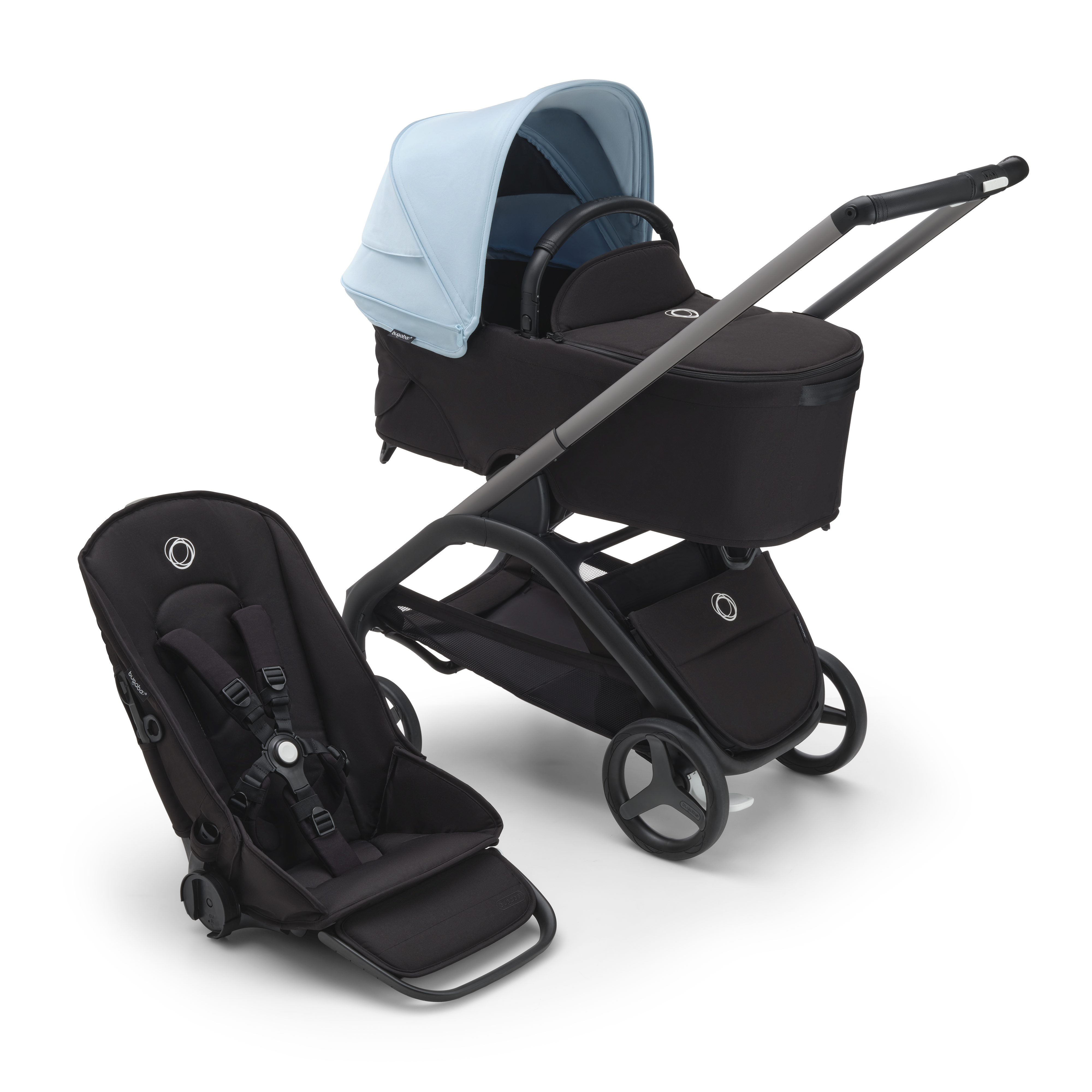 Bugaboo  Bugaboo Dragonfly bassinet and seat stroller graphite base midnight black fabrics skyline blue sun canopy