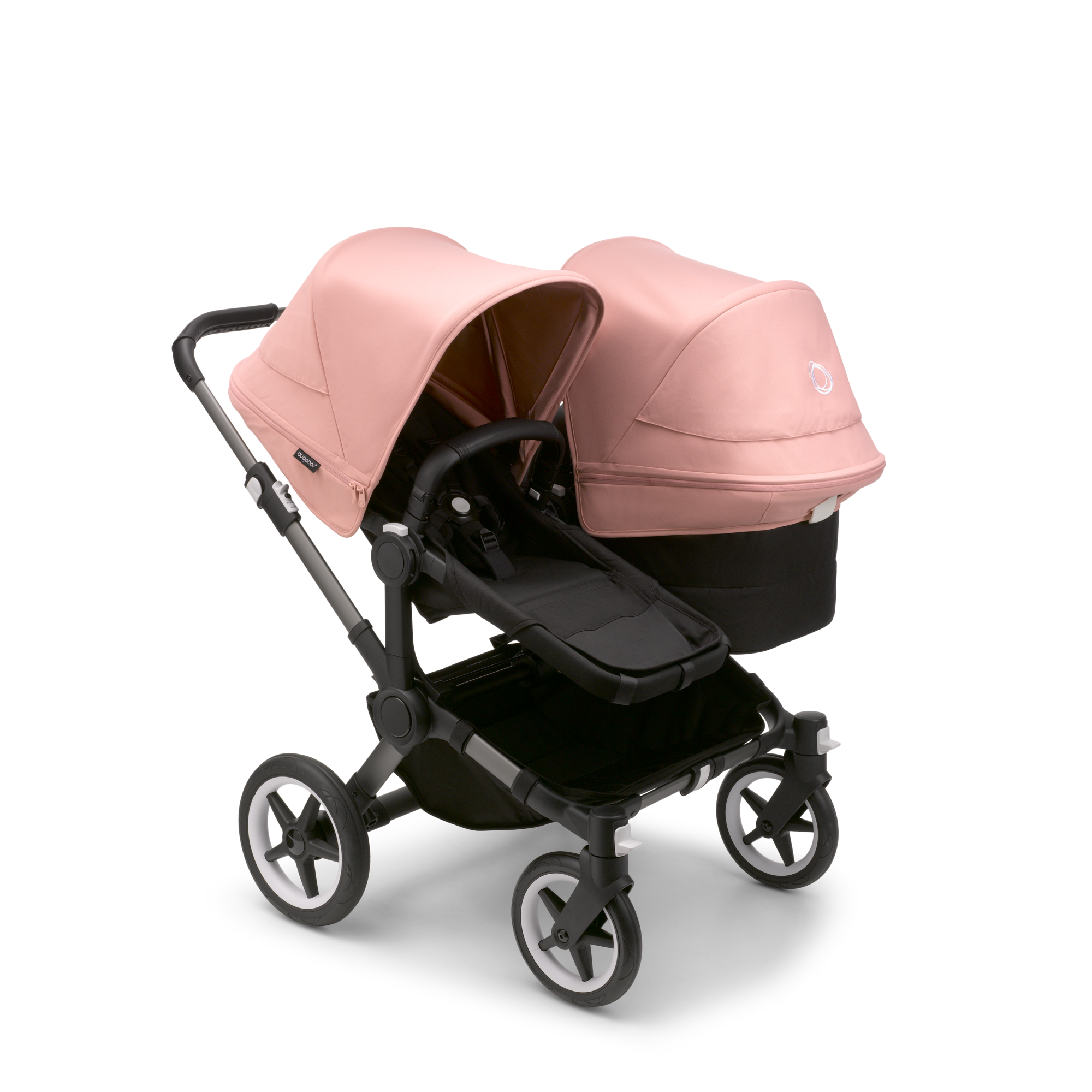 Bugaboo Donkey 5 Duo bassinet and seat stroller graphite base midnight black fabrics morning pink sun canopy