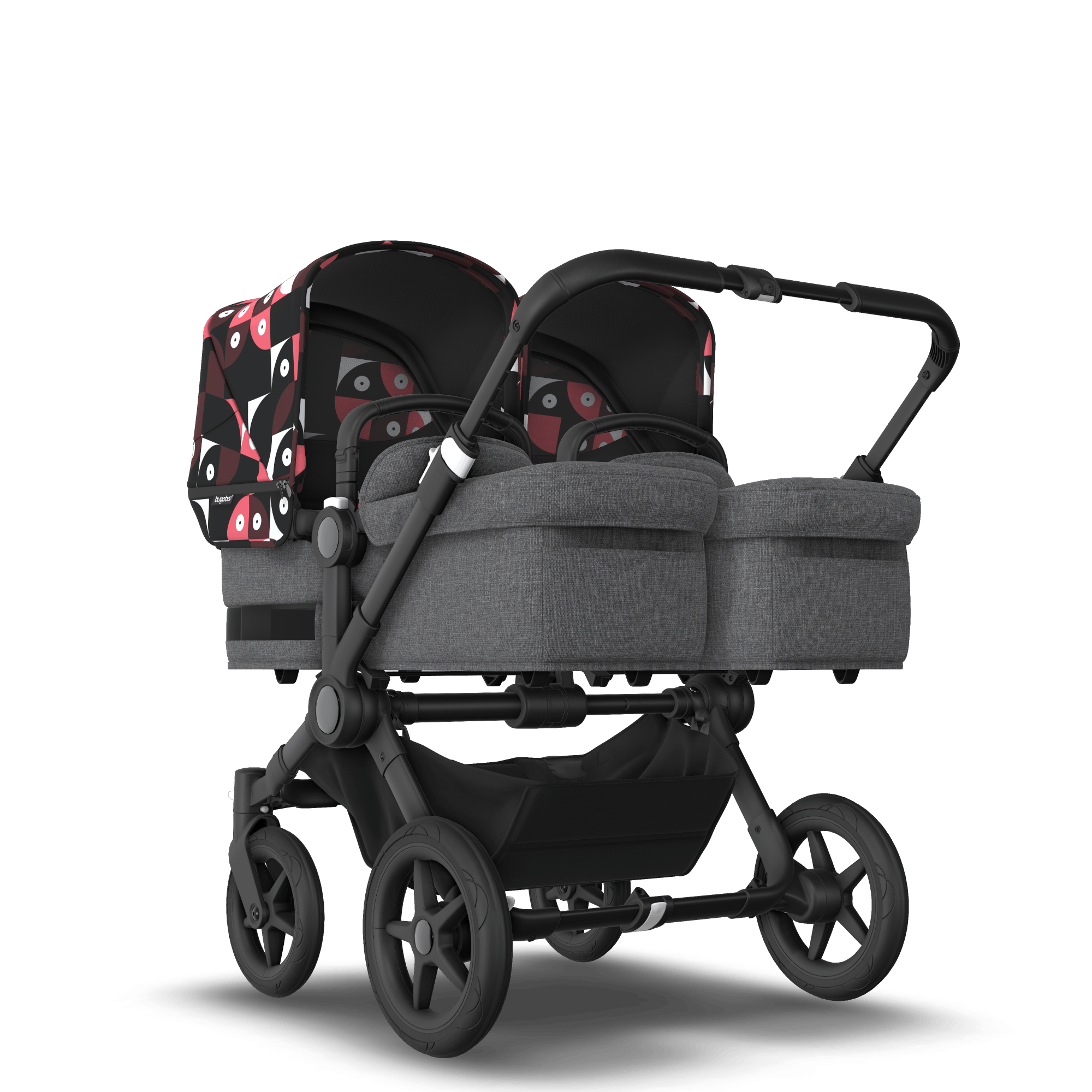 Bugaboo Donkey 5 Twin bassinet and seat stroller black base grey mélange fabrics animal explorer pink/red sun canopy
