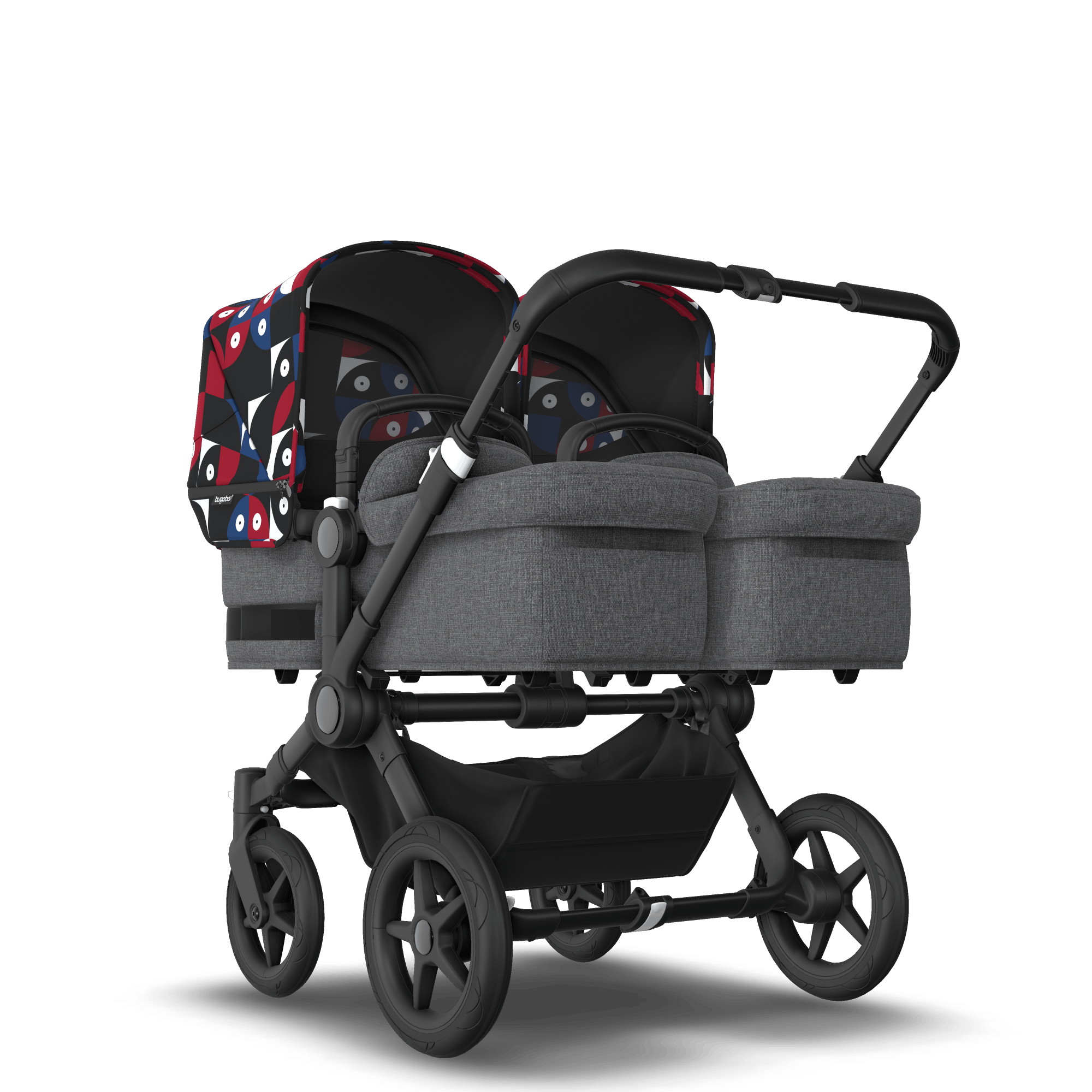 Bugaboo Donkey 5 Twin bassinet and seat stroller black base grey mélange fabrics animal explorer red/blue sun canopy