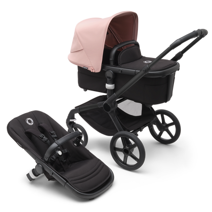 Bugaboo Fox 5 carrycot and seat pushchair with black chassis, midnight black fabrics and morning pink sun canopy.