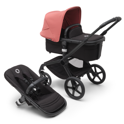 Bugaboo Fox 5 carrycot and seat pushchair with black chassis, midnight black fabrics and sunrise red sun canopy.