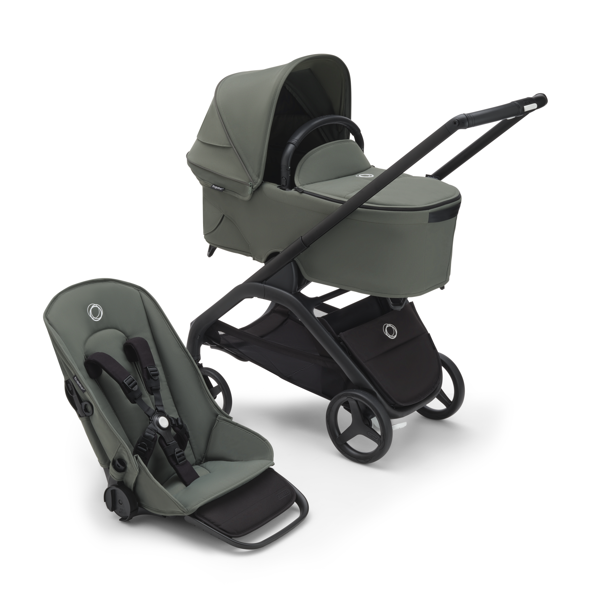 Bugaboo Dragonfly bassinet and seat stroller black base forest green fabrics forest green sun canopy
